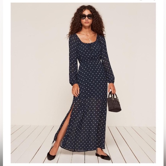 Reformation / NWT Augusta Maxi Dress Blue Punto navy blue polka dot M - Picture 1 of 4